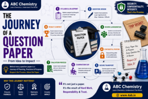 Infographic: the journey of a question paper in 8 stages — syllabus & blueprint, question design, review & moderation, confidential printing, secure transport, exam day, evaluation and result & impact | ABC Chemistry