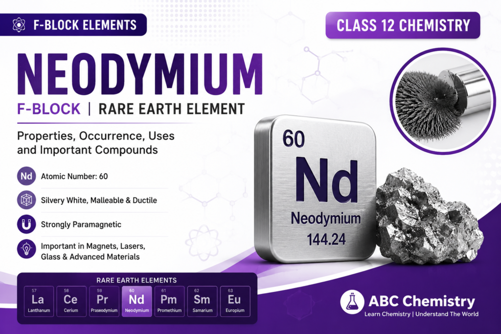 Neodymium (Nd, atomic number 60) rare-earth f-block element infographic — properties, occurrence, uses and the lanthanide series, Class 12 Chemistry | ABC Chemistry