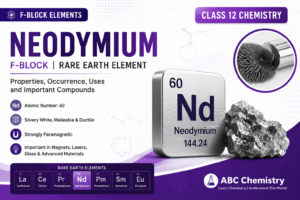 Neodymium (Nd, atomic number 60) rare-earth f-block element infographic — properties, occurrence, uses and the lanthanide series, Class 12 Chemistry | ABC Chemistry