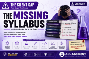 The Missing Syllabus infographic — hidden Chemistry topics not in standard books but asked in exams: advanced inorganic, solid state, environmental, biochemistry, reaction mechanisms, physical chemistry and spectroscopy | ABC Chemistry